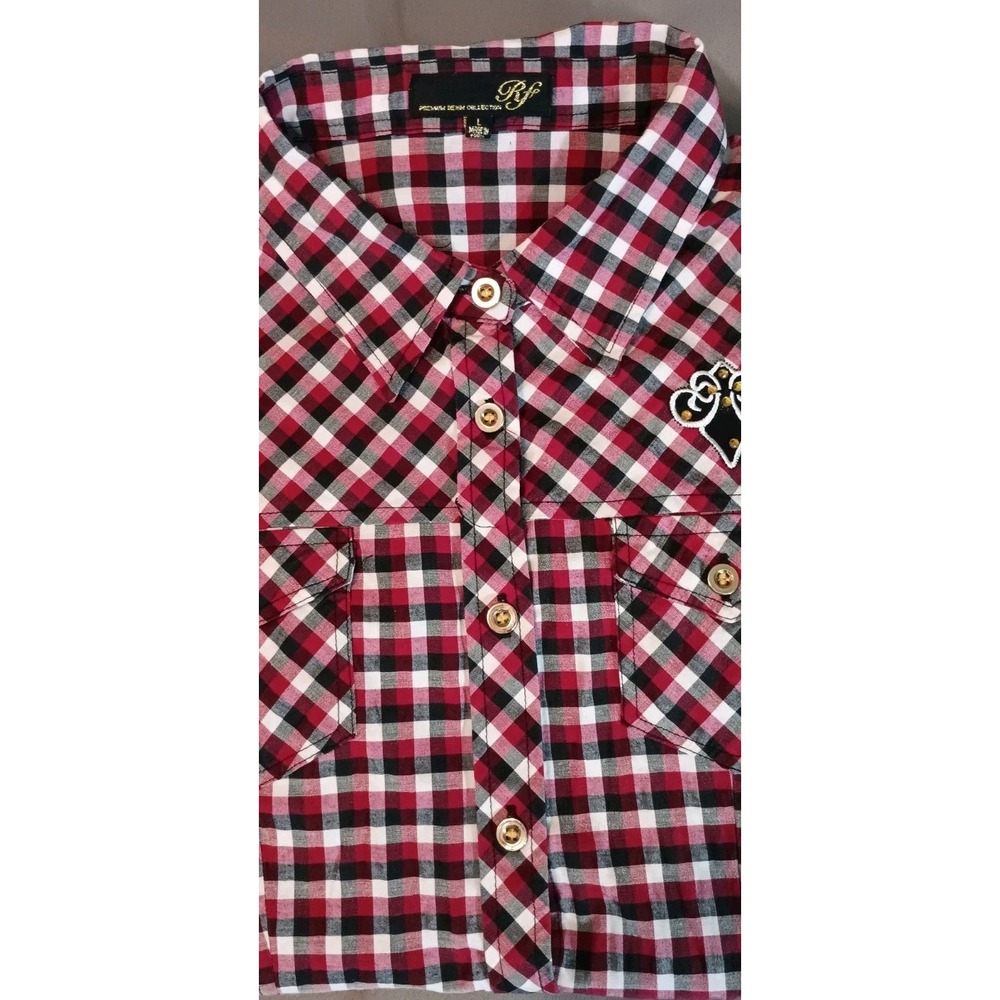 mens button down shirt large red plaid y2k‎ 90s streetwear retro peace love